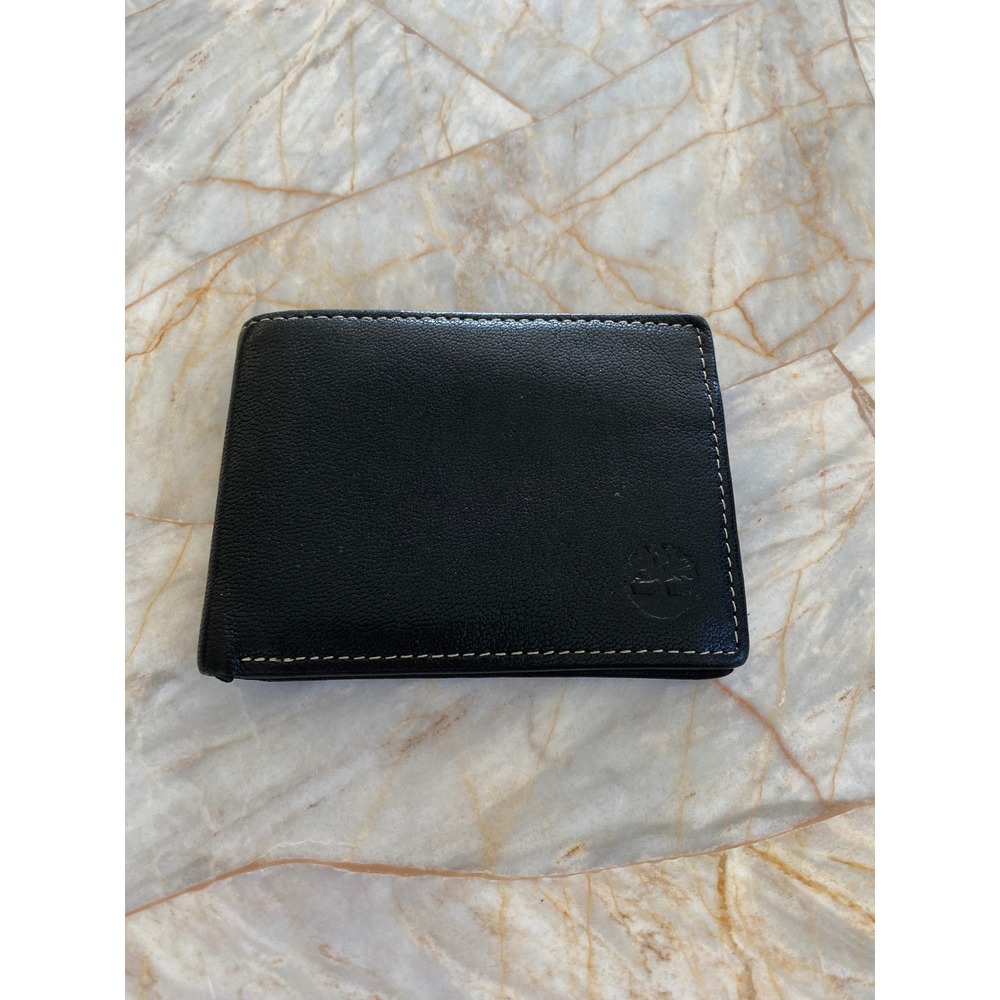 Timberland Mens Black Leather Bifold Wallet Contrast Stitch Embossed Tree Logo